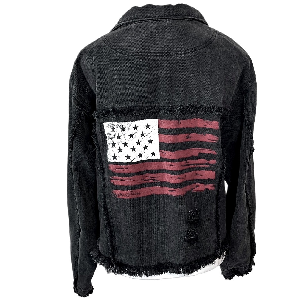 POL Star Spangled Kisses Washed Black Distressed Denim Jean Jacket M Boho